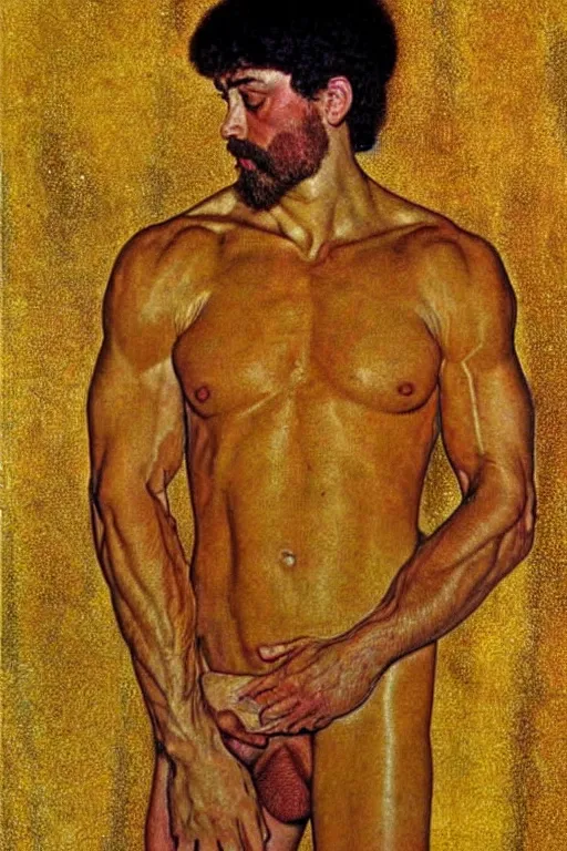 Image similar to A man wearing golden clothes, muscular, fantasy, painting by Gustav Klimt