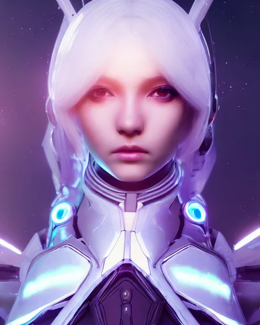 Image similar to perfect android girl on a mothership, warframe armor, beautiful face, scifi, futuristic, galaxy, nebula, raytracing, dreamy, long white hair, blue cyborg eyes, sharp focus, cinematic lighting, highly detailed, artstation, divine, by gauthier leblanc, kazuya takahashi, huifeng huang