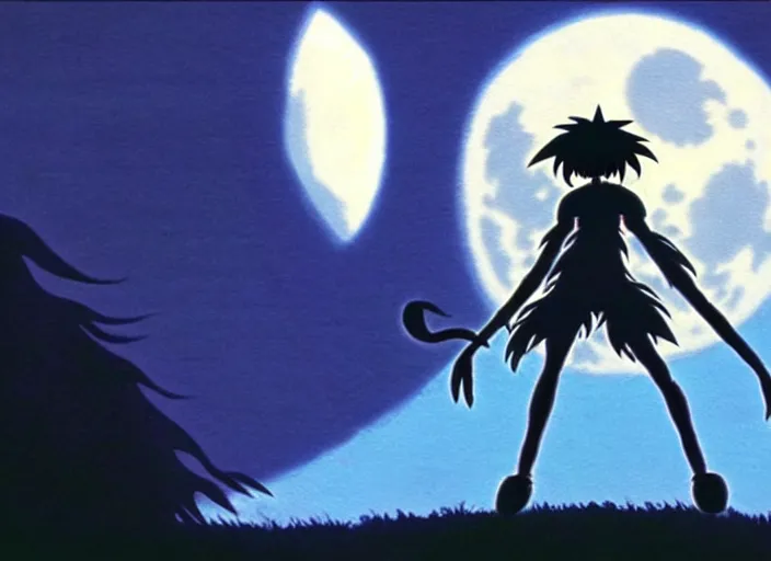 Prompt: a still from a studio ghibli movie of a cartoon shadow demon from princess mononoke ( 1 9 9 7 ), in front of a pale full moon, full body, wide shot, very dull muted colors, studio ghibli, highly detailed, deviantart, art by artgem