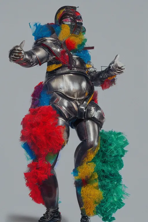 Prompt: a character wearing a voluminous inflatable suit made from tartan mix and ionized metal and plastic, blurred, muted colors, oil painting hyper real, neoclassical, super detailed, full body, soft light