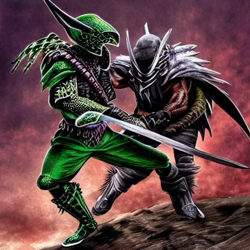 Prompt: shredder fighting the predator photorealistic