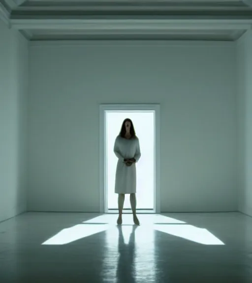 Image similar to Jesus in a white empty room, film still from the movie directed by Denis Villeneuve with art direction by Salvador Dalí, wide lens