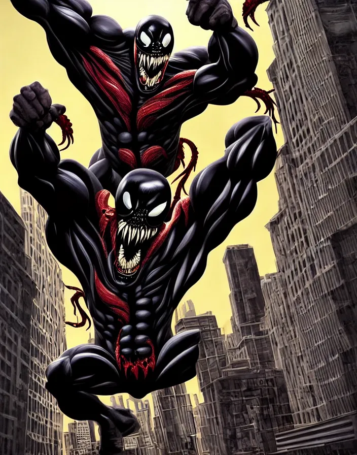 Image similar to fantastic comic cover of venom, lethal protector, muscles, muscular, veins, open mouth, angry, saliva, bigh sharp teeths, savage, in a city at night, on top of buildings, large thong, artstation, 3 d hammer modeling, hd, sharp high quality artwork in style of francesco di mattina, marko djurdjeviv