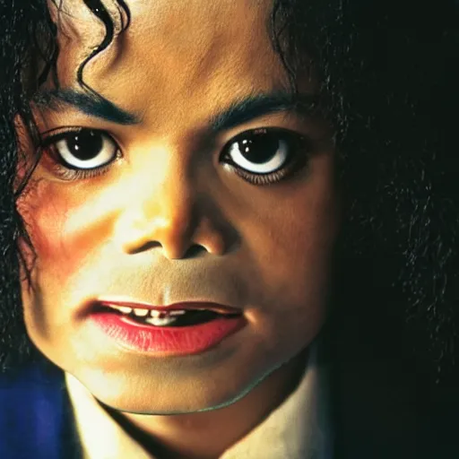 Image similar to a cinematic film still of Michael Jackson starring in The Shining, portrait, 40mm lens, shallow depth of field, close up, split lighting, cinematic