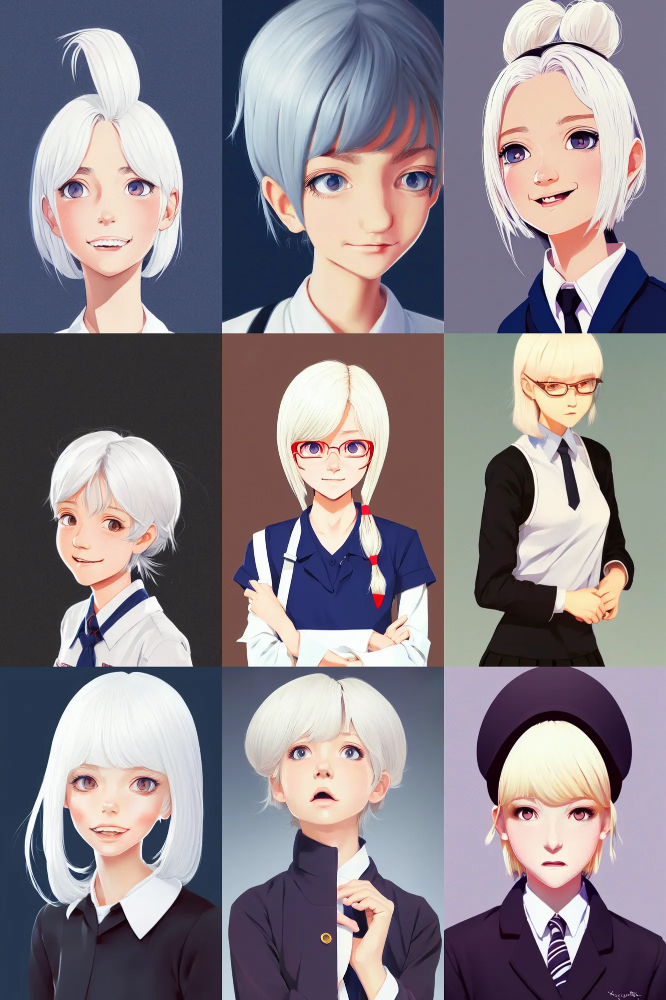 Image similar to a headshot of a very happy cute girl with shoulder - length white hair wearing school uniform, sharp focus, illustration, morandi color scheme, art station, high detailed, by ilya kuvshinov