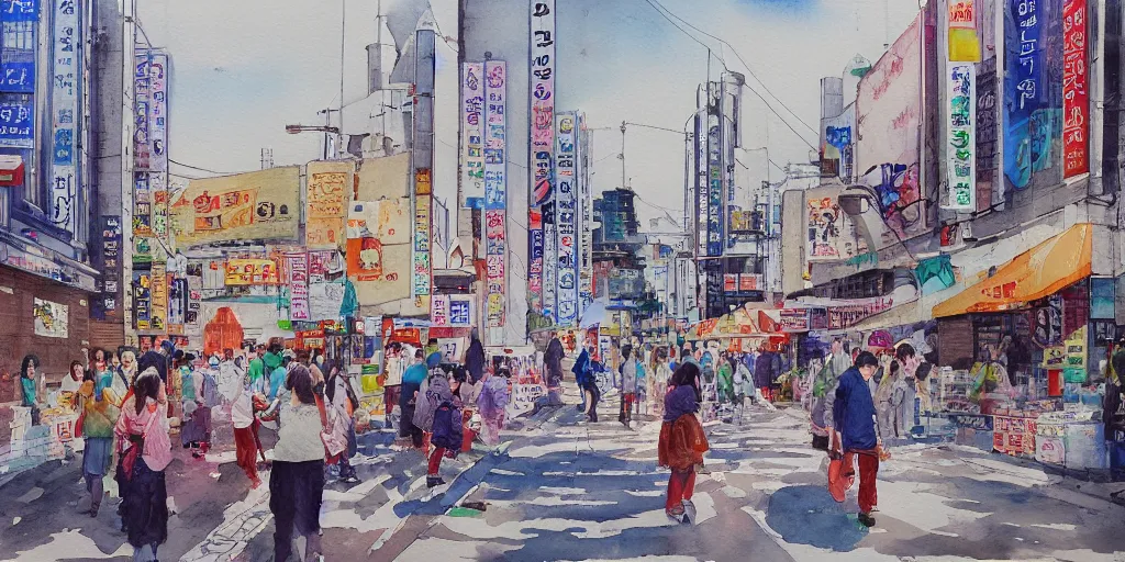 Prompt: streets of hongdae, hangeul, photorealism, spring, wide shot, watercolor painting by Lim Eung-Sik