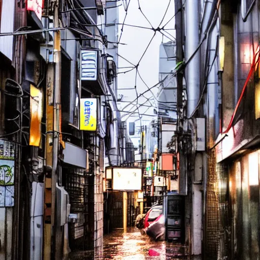 Image similar to rain - soaked alley with messy overhead cables in tokyo