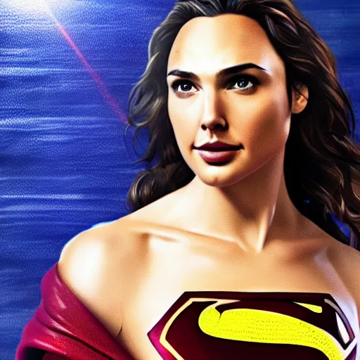 Prompt: an potrait of gal Gadot cast of movie man of steel and wearing a superman suit, photorealistic, 4k