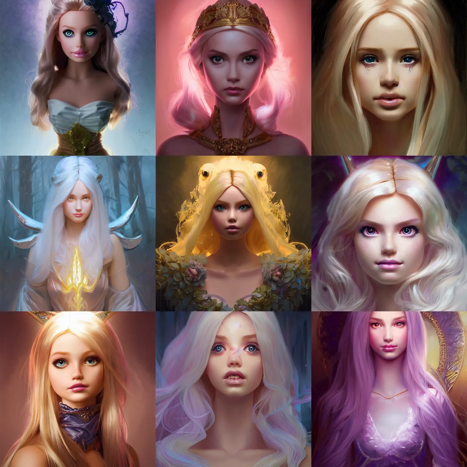 Prompt: Portrait of Barbie doll, white glowing eyes, fantasy, extremely detailed, digital painting, artstation, concept art, smooth, sharp focus, illustration, stunning lighting, art by artgerm and greg rutkowski and alphonse mucha and simon stalenhag, realistic character concept, high fantasy, light atmosphere, golden ratio, cinematic lighting, hyperdetailed, high resolution, insanely detailed and intricate, artstation, Marc Simonetti, Greg Rutkowski, 8k