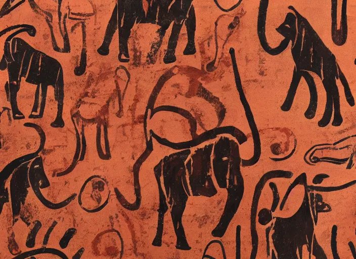 Prompt: painted pattern which figures of ancient hunters mammoths and ancient buses, rock cave painting, red ocher, finger painting