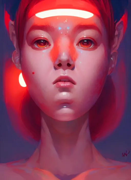 Prompt: portrait of alien girl kawaii, red short hair, jock, beefy, wide face, square jaw, square facial structure, intricate, elegant, glowing lights, highly detailed, digital painting, artstation, concept art, sharp focus, illustration, art by wlop, mars ravelo and greg rutkowski