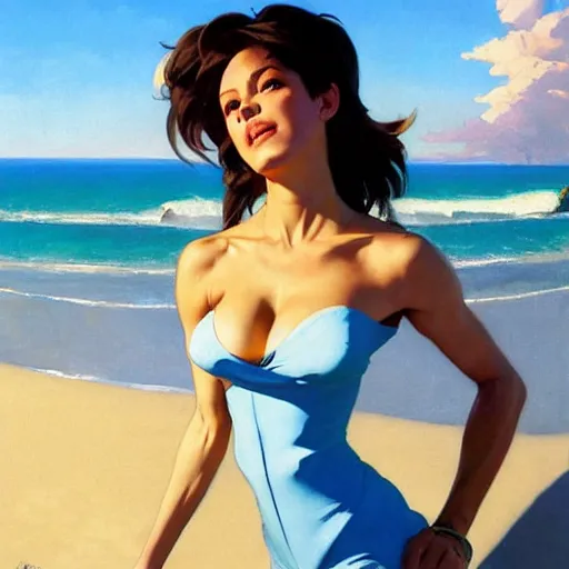 Prompt: greg manchess painting of tracer wearing a skintight dress in a beach, medium shot, organic painting, sunny day, bold shapes, hard edges, street art, trending on artstation, by huang guangjian and gil elvgren and sachin teng and artgerm and greg rutkowski and alphonse mucha