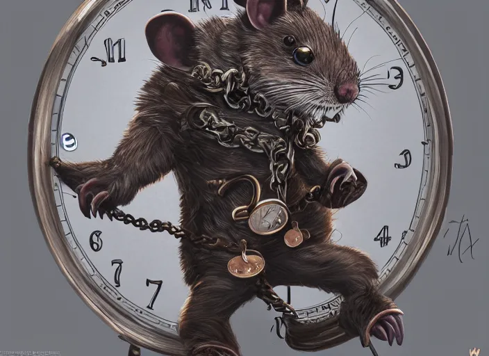 Image similar to a highly detailed illustration of a anthropomorphic rat wearing a long coat, glowing eyes, dramatic standing holding pocket watch with chain pose, infinite space clock background, muscular, intricate, elegant, highly detailed, centered, digital painting, artstation, concept art, smooth, sharp focus, league of legends concept art, wlop