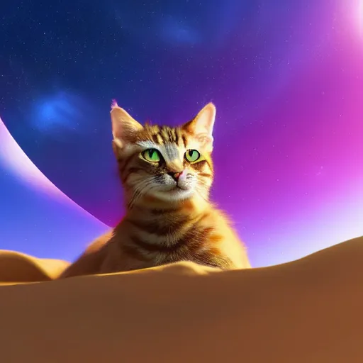 Prompt: cat stranded on an empty planet with colorful nature, 4k