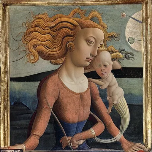 Prompt: woman stargazing stars planets aliens, inspired by botticelli, bosch, in collection of louvre, hyperdetailed, detailed