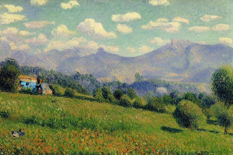 Image similar to a meadow with flowers, mountains in the background, plains, painting by Camille Pissarro