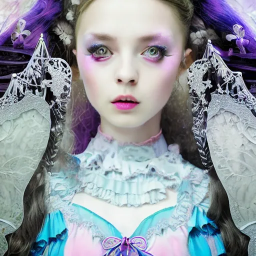 Prompt: Ethereal, mysterious stunning maximalist mesmerizing girl from the rainbow sky paradise, high-tech, professional high fashion model photo shoot for Victorian gothic lolita fashion, hyperdetailed by Mark Ryden and artgerm and Hiroyuki-Mitsume Takahashi, close-up 35mm macro shot, hyperrealism, 8k resolution 3D, cinematic, dynamic lighting, octane render, unreal engine 5