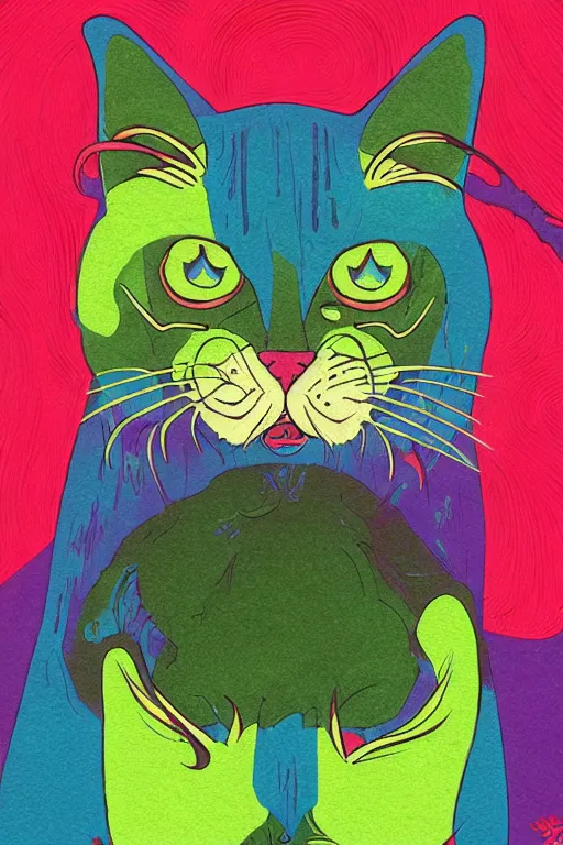 Image similar to demon cat, art by brian miller, colorful, illustration, highly detailed, simple, no jagged lines, smooth