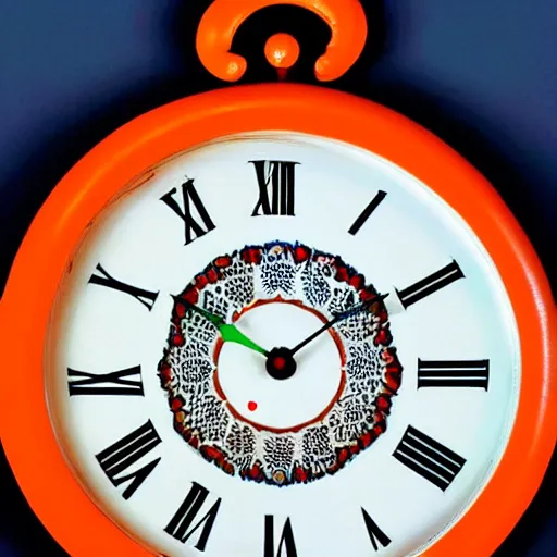 Prompt: a photograph of a clock that is intricately designed to look like an orange