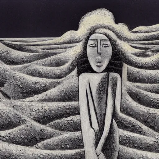Image similar to by ossip zadkine, by kengo kuma mournful, hyperdetailed. a land art of a woman standing in a field of ashes, her dress billowing in the wind. her hair is wild & her eyes are closed, in a trance - like state. dark & atmospheric, ashes seem to be alive, swirling around.