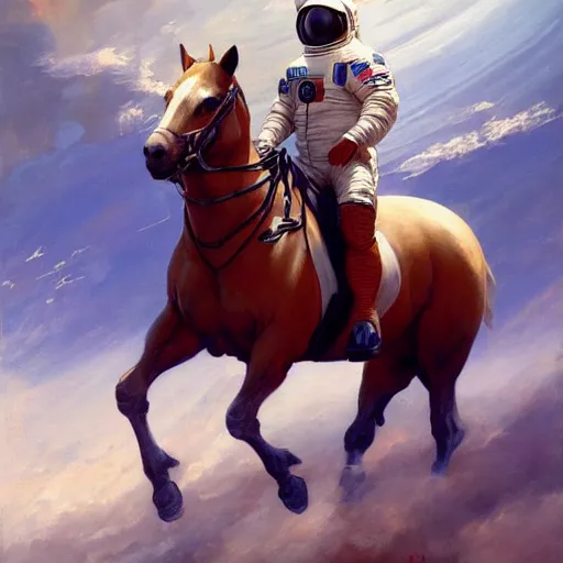 Image similar to An astronaut riding a horse in space, oil on canvas by Frank Frazetta, artstation, digital art, WLOP, Mandy Jurgens