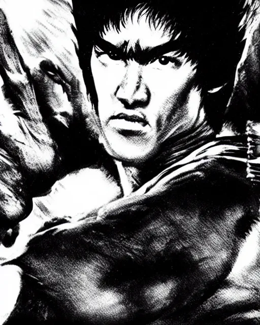 Image similar to bruce lee as kenshiro in live action fist of northstar movie, hyperreal, post apocalyptic, mutants, martial arts, cinematic