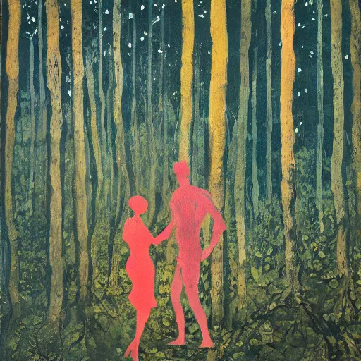 Image similar to a painting of a man and a woman in a forest at midnight, a silk screen by julian schnabel, behance, midnight hour, modern european ink painting, photoillustration, impressionism, multiple exposure, artstation