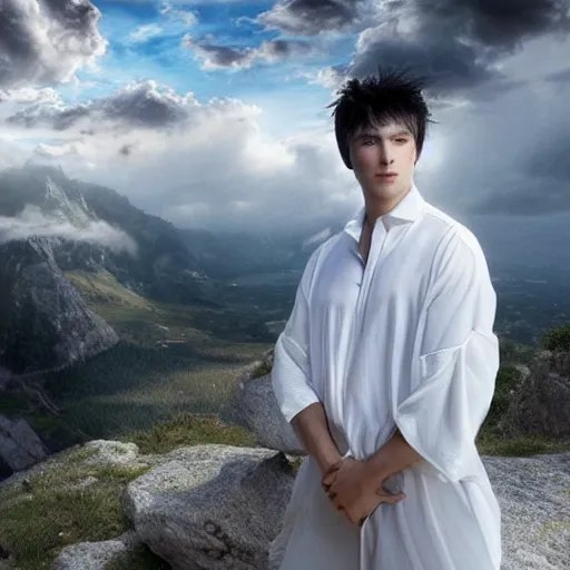 Prompt: a portrait of a young handsome prince, white hair, fringy bangs, white shirt and black tunic, smooth, epic clouds, beautiful landscape, backlit, incredible lighting, strong rim light, highly detailed, god rays, digital painting, HDRI, by Heise Jinyao, Heise-Lian Yan Fang, Feimo, Richard Taddei, vivid colors, high contrast, 8k resolution, intricate, photorealistic