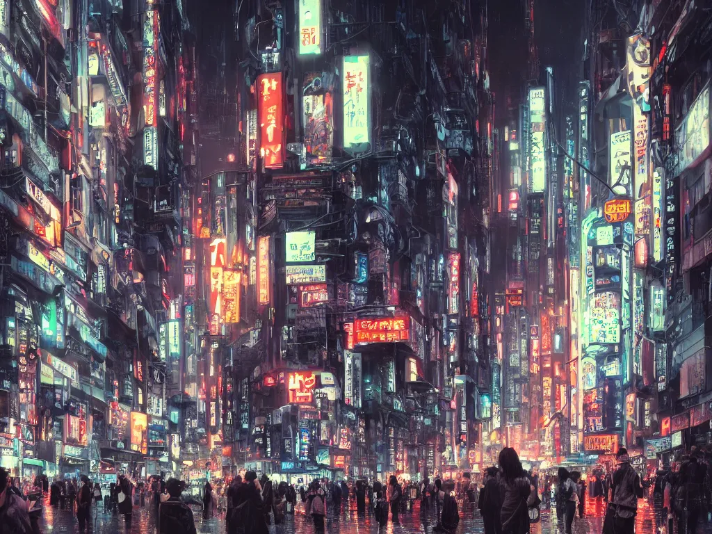 Image similar to a photorealistic hyperrealistic sci - fi rendering of gigantic tall highly detailed alien biomechanical tripods in a crowded tokyo, shinjuku street crossing at night, beautiful dramatic moody lighting, bladerunner, bright colorful neon signage, wet streets, reflections by greg rutkowski, james paick, wlop, volumetric lighting, cinematic atmosphere, artstation, 8 k