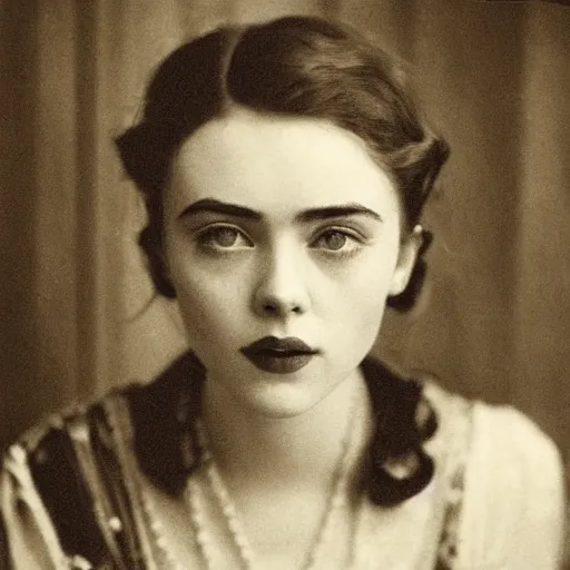 Image similar to headshot edwardian photograph of elle fanning, scarlett johansson, lily collins, 1 9 2 0 s film actress, realistic face, 1 9 1 0 s, grainy, victorian, detailed, soft blur