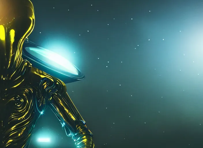 Image similar to closeup of an alien with beautiful glowing eyes, beautiful strange skin, wearing a long flowing cloth shirt over stylish large futuristic golden armor suit walking to an outpost with tall buildings and lights in the background, night sky with stars, beautiful colorful, incredible detail, anamorphic 2 0 mm lens cinematic flare