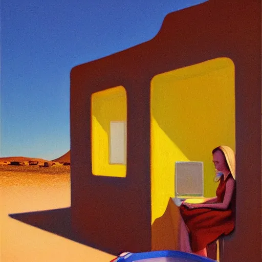 Prompt: motel in a desert Tatooine landscape, a woman, painted by François Roca and Edward Hopper, airbrush, highly detailed