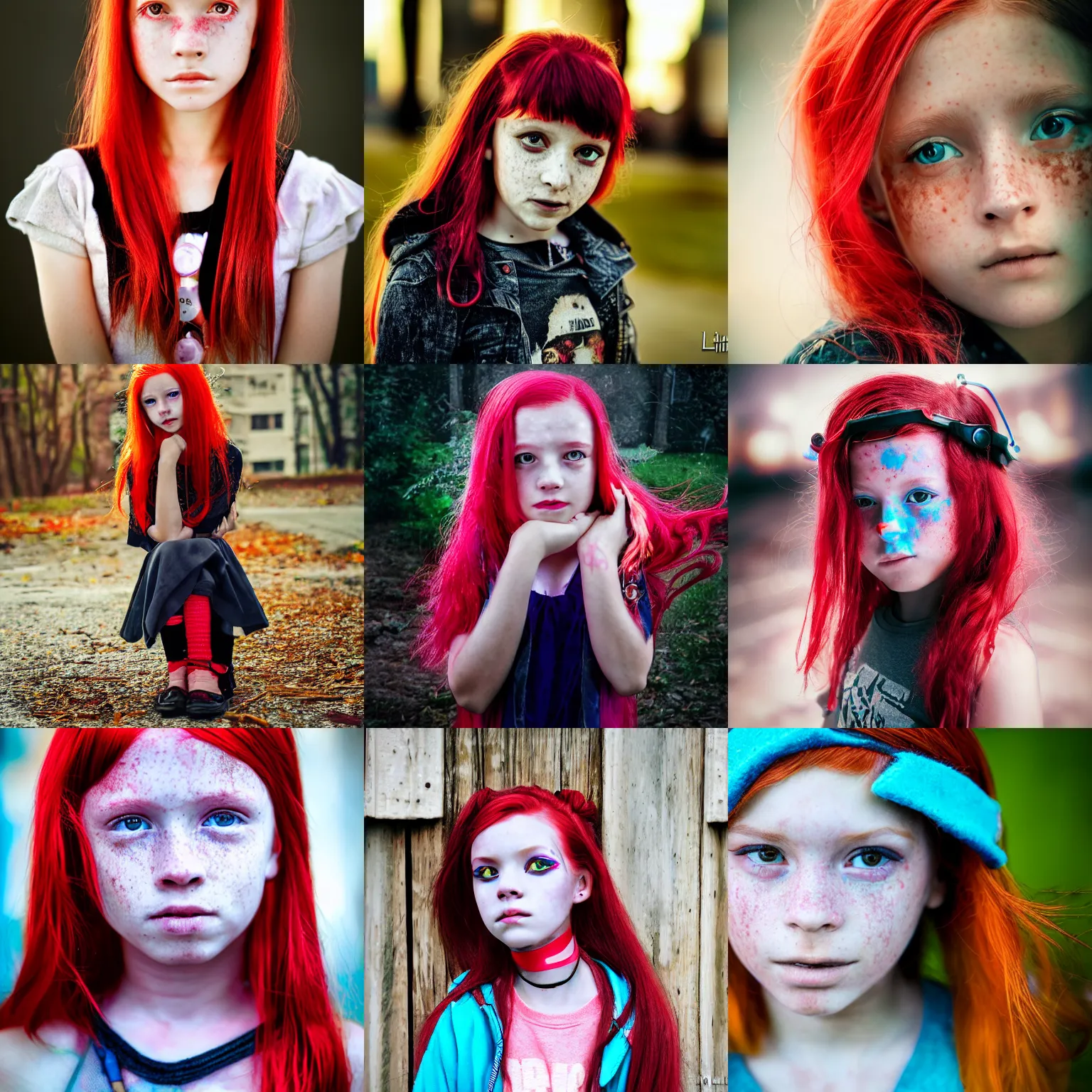 Prompt: photo of a ten year old girl in cyberpunk fashion by lilia alvarado, red hair, freckles