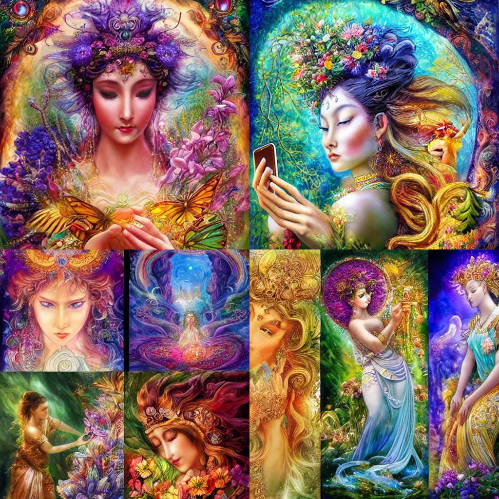 Prompt: goddess of nature checking her phone, magic realism, art by josephine wall, art by huang guangjian, viktoria gavrilenko, art by amanda sage