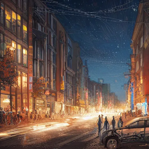 Image similar to ultra realistic illustration and highly detailed digital render of a intricate busy street inside helsinki, finland, 2 0 2 2, by greg rutkowski and makoto shinkai, nighttime, dark sky, twinkly stars, amazing sky, migrating birds in the sky, colorful street lamps along road, natural stone road, asian style vendorsf