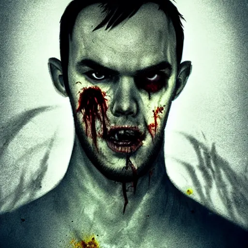 Image similar to angry zombie portrait of nicholas hoult in an urban szene, grimdark horror, stylized digital illustration, radiating a glowing aura, global illumination, ray tracing, hdr, fanart arstation by ian pesty and katarzyna bek - chmiel