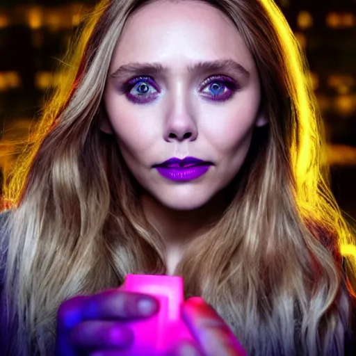 Prompt: elizabeth olsen, hands on her face posing for the camera, neon lighting, closeup!!!!!!, macro!!!!!!, 3 5 mm!!!!!! lens, comprehensive art, neon!!!!!! atmosphere, intricately detailed, indistinguishably unique, 4 k, 8 k, detailed facial features