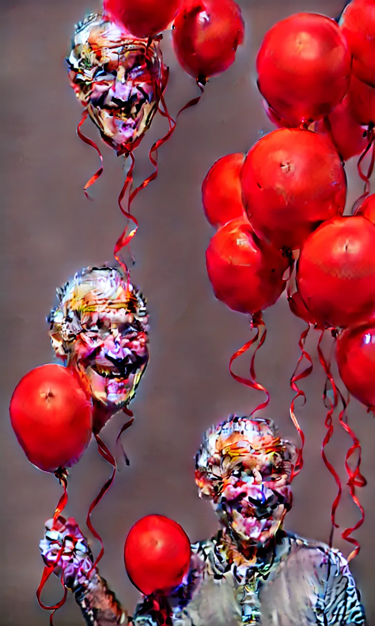 Prompt: illustration of smiling old man with red balloons, highly detailed, digital painting, concept art, smooth, sharp focus, epic composition, gothic art, artstation, concept art, octane render, retrofuturistic