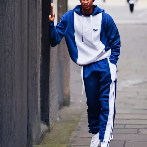 Image similar to skinny mixed race man wearing a tracksuit with saggy trousers london