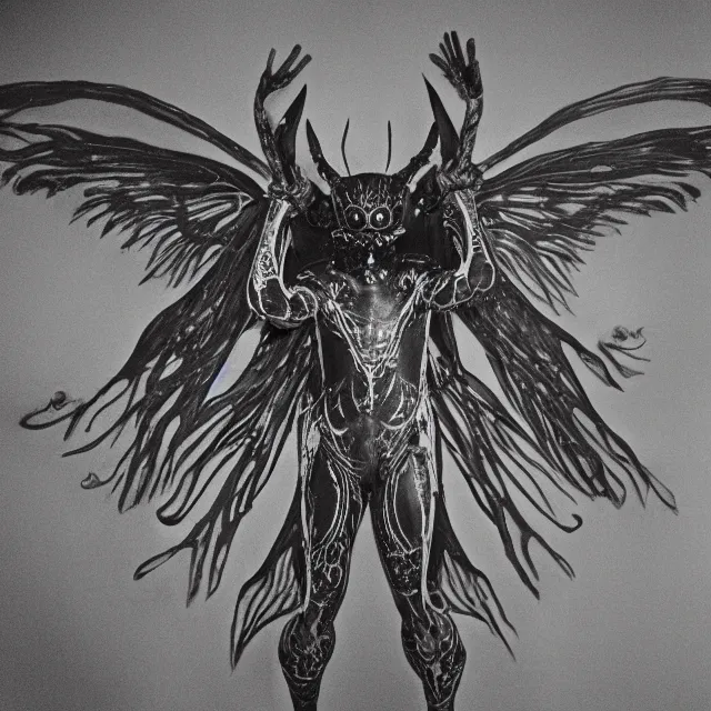 Prompt: mothman demon, crimson death wings, in the shadows of the blinding chaotic cosmic star, shadow art, wispy ink horrors, photo pic by 35mm