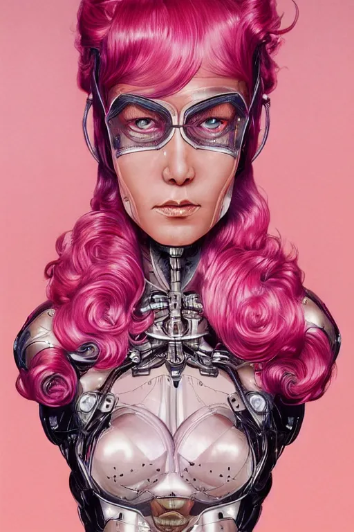 Image similar to organic cyborg head wrapped in silk by Hajime Sorayama and Jamie Coreth, trending on artstation, centered, symmetrical, snow white, thick pink hair, bilateral symmetry, 70s poster, polished, thick smoke, retro dark vintage sci-fi, 2D matte illustration