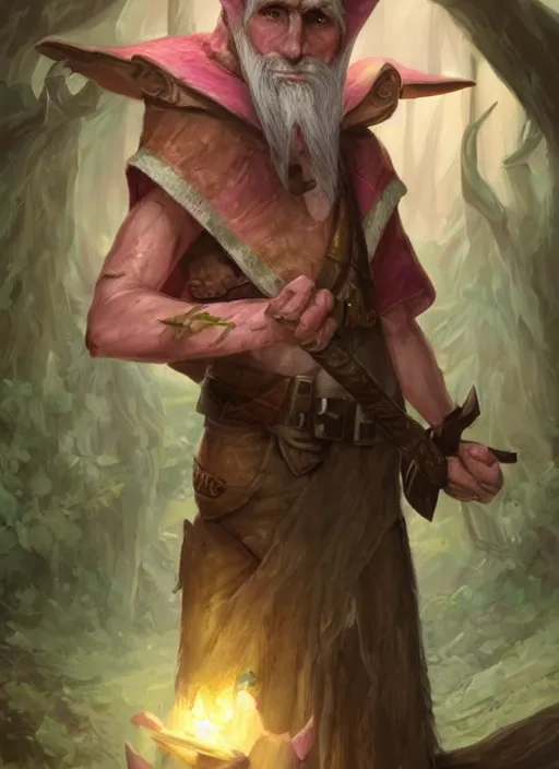 Image similar to old male wood elf hermit, has short straight white hair and green eyes, rough pink skin, lean build, triangular cute face, wears a fancy hat, dnd character art portrait, matte fantasy painting, deviantart artstation, by jason felix by steve argyle by tyler jacobson by peter mohrbacher, cinematic lighting