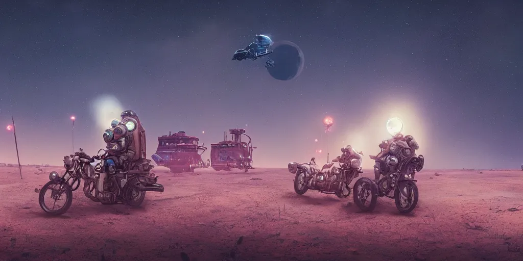 Image similar to american astronaut driving a motorcycle in moon, tribe members chasing, action scene, an epic fantasy, dramatic lighting, cinematic, establishing shot, extremely high detail, photorealistic, cinematic lighting, artstation, octane render, by simon stalenhag, horizon forbidden west