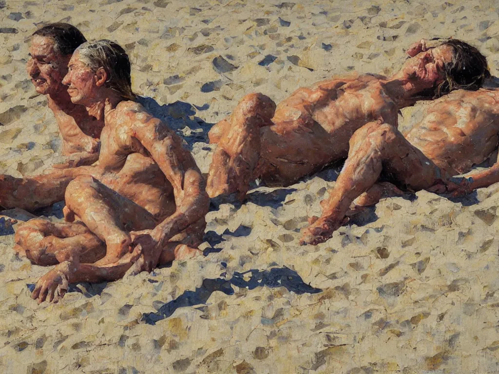 Prompt: on the beach, close up, heatwave, denis sarazhin, oil on canvas