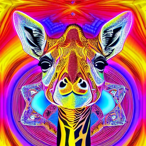 Prompt: a symmetrical neon technicolor portrait illustration of a giraffe in geometric kaleidoscopic colors trending on artstation 4 k intricate extremely detailed digital art by alex grey