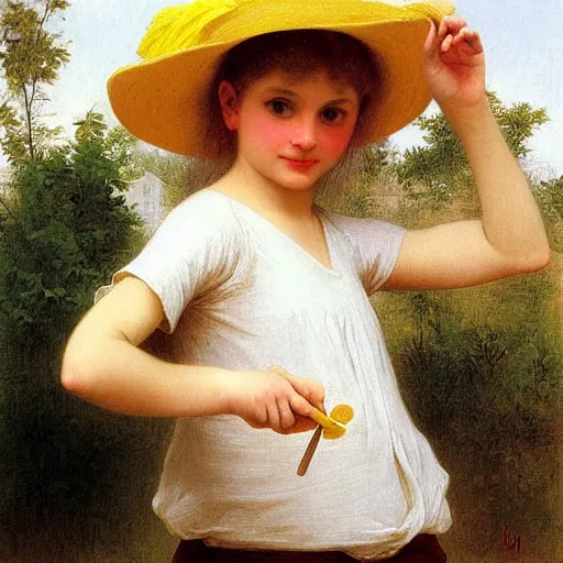 Prompt: 10 yo blond girl with straw hat and yellow shirt, bouguereau