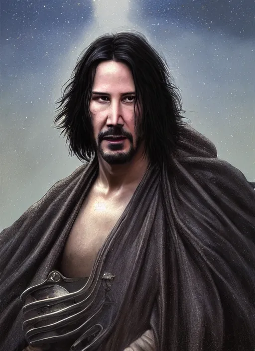 Image similar to Portrait of Keanu Reeves, silver long hair, cloak, male, fantasy, extremely detailed, digital painting, artstation, concept art, smooth, sharp focus, illustration, stunning lighting, art by artgerm and greg rutkowski and alphonse mucha and simon stalenhag, realistic character concept, low fantasy, light atmosphere, golden ratio, cinematic lighting, hyperdetailed, high resolution, insanely detailed and intricate, artstation, Marc Simonetti, Greg Rutkowski, 8k
