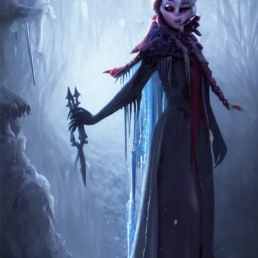 Prompt: an undead satanic blood drenched ice witch from frozen 2 with deadly ice torture instruments. Detailed digital art by greg rutkowski, Thomas kinkade, Keith Parkinson, artstation, cgsociety, deviantart, 8k, HD