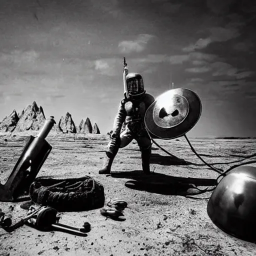 Image similar to wide angle photo of viking wearing space suit helmet and viking armor working on the antigravity gun ancient device, tools and junk on the ground,wires and lights, old village in the distance, vintage old photo, black and white, sepia