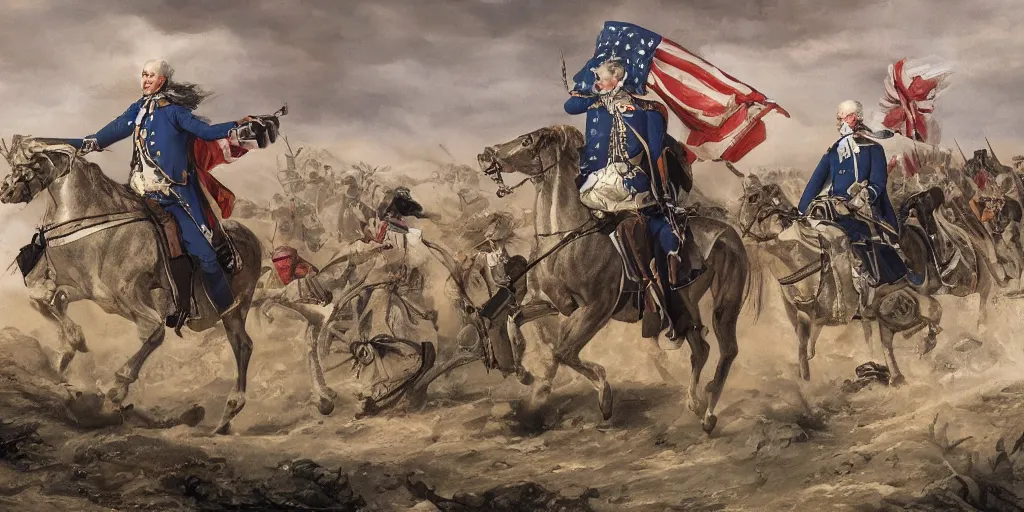 Image similar to George Washington rides a motorcycle to attack the British army in the revolutionary war, epic, cinematic, concept Art, detailed, 4K